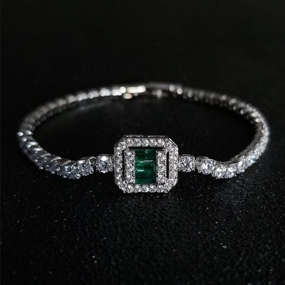 925 Silver 1ct Green Emerald 2ct Diamond Tennis Bracelet Princess Cut Jewelry ct - Picture 2 of 11